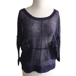 Poetry Mesh 100% Linen Blouse Top Blue Knit See-Through Zipped Pockets Size 8
